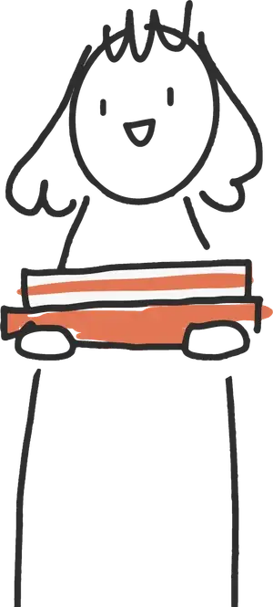 Line illustration of a figure carrying a stack of orange books