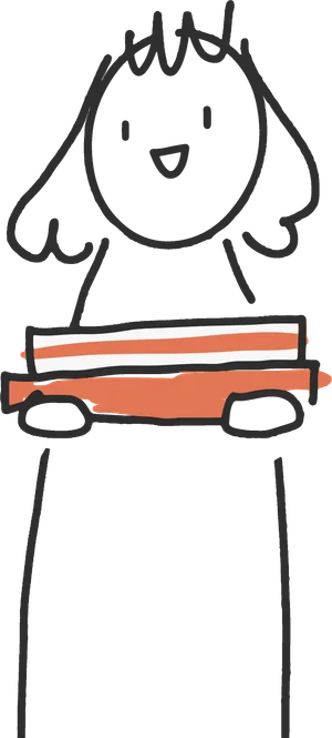 Line illustration of a figure carrying a stack of orange books